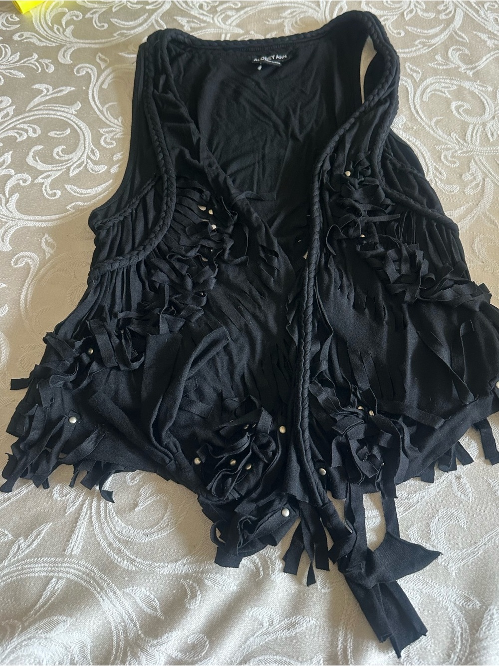 Audrey Ann Black Layered Fringe Trim Vest
